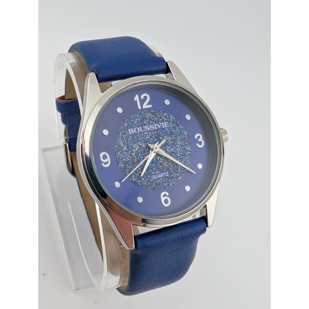 Boussivie Watch Women 35mm Silver Case Blue Faux Leather Band- New Battery